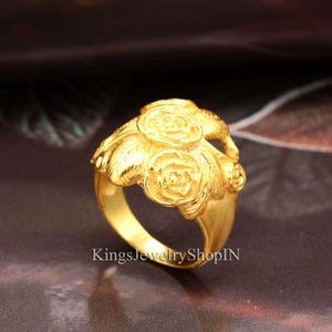 22K Gold Floral Ring, Handmade Rose Design Statement Ring, Indian Bridal Jewelry, Vintage Style Gold Ring for Women