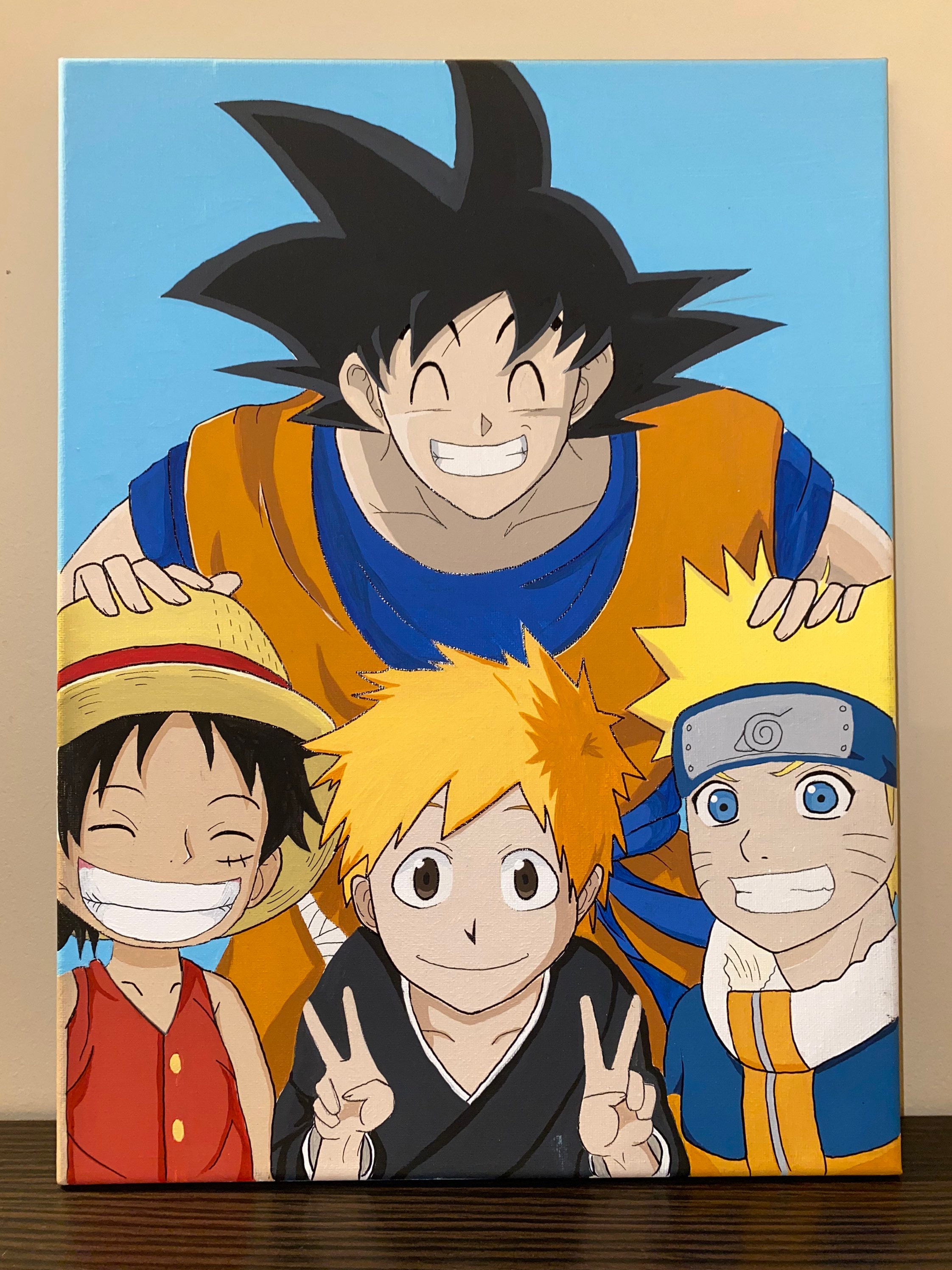 Um desenho meu do Goku,Naruto,Ichigo e Luffy