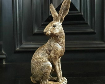 Golden Bunny Rabbit Statue | Indoor + Garden Hare Animal Decoration Ornament