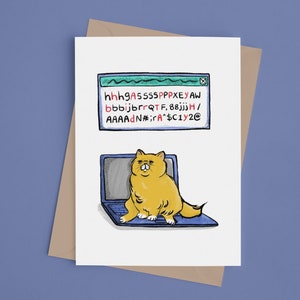 Happy Birthday Keyboard Ginger Cat Cryptic Message Hand Drawn Funny Greeting Card