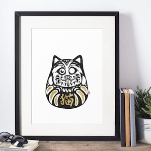 Neko Cat Daruma Japanese Doll Bodhidharma Original Artwork A5 Gold Foil Accents
