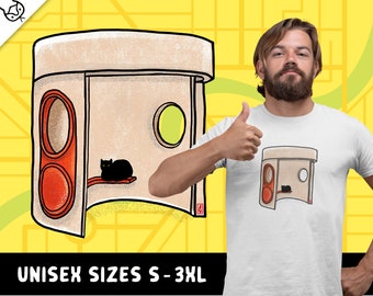 Camiseta unisex divertida con dibujo a mano de un gato en la parada de autobús de Canberra