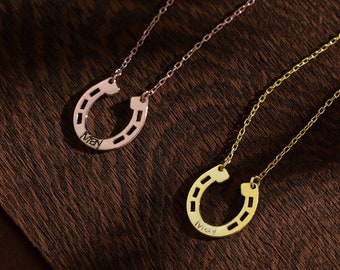 Horseshoe Necklace Custom Name, Small Horse Shoe Necklace, Minimal Good Luck Jewelry
