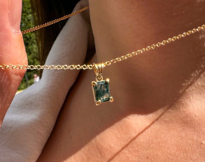 Moss Agate Pendant, Natural Emerald Cut Moss Agate, Real Moss Agate Jewelry