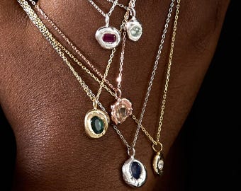 Lab Grown Sapphire Necklace, Pink Sapphire Nugget Pendant, Poured Silver Green Gemstones