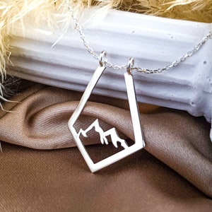 Ring Holder Necklace Mountain, Silver Geometric Hiker Ring Keeper, Gift For Climber Her image 1