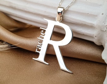 Big Initial Necklace Gold, Letter Name Pendant Sterling Silver, Sideways Name Jewelry, Gift For Her Bridesmaid