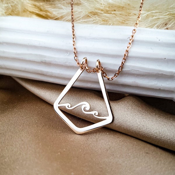 Wave Ring Holder Necklace, Silver Geometric Sea Ring Keeper, Gift For Swimmer Her