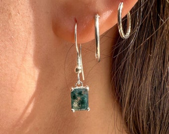 Sterling Silver Moss Agate Dangle Earrings, Emerald Cut Crystal