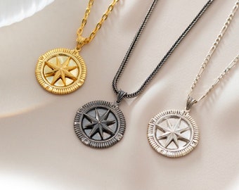 Gold Compass Necklace: Sterling Silver Nautical Pendant