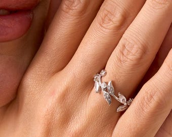 Sterling Silver Ivy Ring, Marquise Diamond Vine Band, Botanical Wedding Jewelry