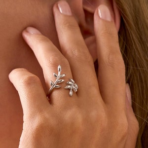 Sterling Silver Olive Branch Ring: Adjustable Leaf Bypass Ring
