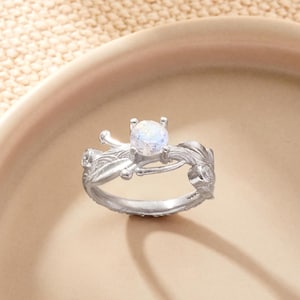 Moon Stone Leaf Ring, Rainbow Moonstone Ring Silver, Nature Inspired Twig Leaf Design, Perfect for Engagement or Wedding Jewelry