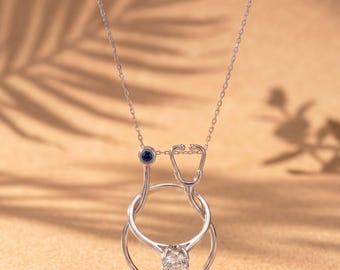 Birthstone Stethoscope Ring Holder Necklace, Personalized Silver Nurse Pendant, Wedding Ring Carrier for Doctors