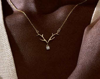Branches Diamond Necklace, Antler Moissanite Pendant, Drop Solitaire Jewelry, Deer Shapped Nature Inspired