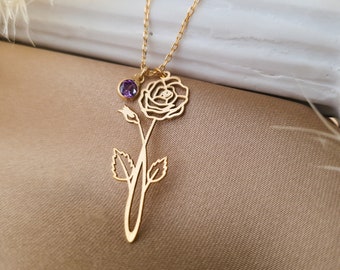 Collana con ciondolo a forma di rosa in oro: ciondolo con pietra portafortuna viola, gioielli floreali in argento sterling