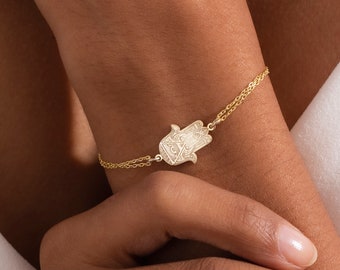 Bracelet Hamsa en or, bracelet mauvais œil, bijoux de la main de Fatima, cadeau Bat Mitzvah pour elle israélite