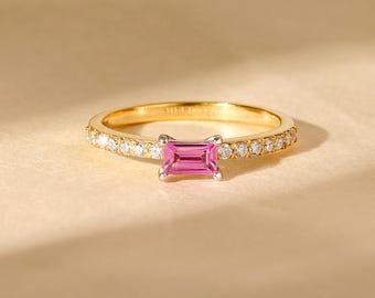 Pink Sapphire Ring, East West Engagement Ring Solid Gold, Lab Grown Diamond Pave Jewelry