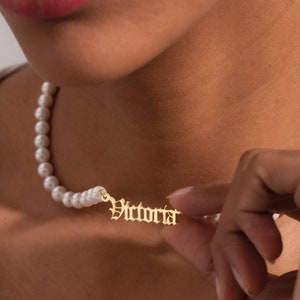 Pearl Name Necklace Gold, Custom Tiny Pearl Necklace, Old English Chooker Pendant