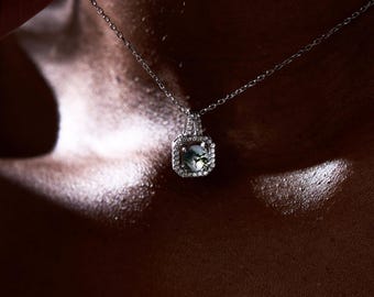 Halo Moss Agate Necklace, Sterling Silver Pendant, Round Cut Green Agate