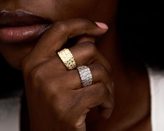 14K Solid Gold Nugget Ring Woman, Chunky Textured Signet Style Statement Ring