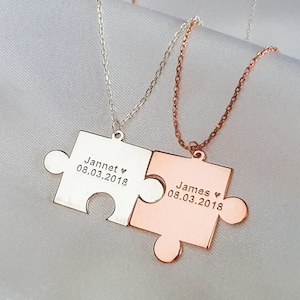 Couple Necklace Puzzle Piece, Puzzle 2 Pieces Matching Custom Set, BFF Gift For Her, Engraved 18K Gold Plated