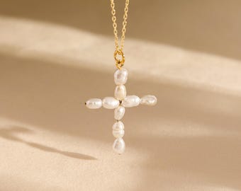 Pearl Cross Necklace, Dainty Sterling Silver Crucifix Pendant