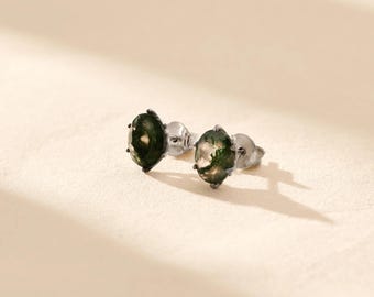 Oval Moss Agate Stud Earrings, Sterling Silver, Green Agate Jewelry