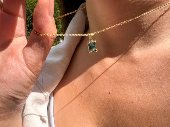 Moss Agate Pendant, Natural Emerald Cut Moss Agate, Real Moss Agate Jewelry