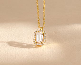 Emerald Cut Diamond Necklace, Gold Vermeil Sterling Silver Halo Pendant, Simulated Diamond Jewelry
