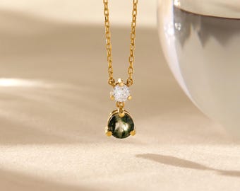 Moss Agate Moissanite Necklace, Nature Inspired Sterling Silver Pendant