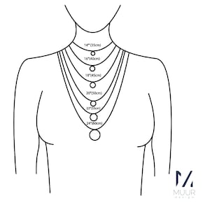K&ouml;nnte beinhalten: Diagramm, das verschiedene Halskettenl&auml;ngen in Zoll und Zentimetern zeigt. Die L&auml;ngen sind 14 Zoll (35 cm), 16 Zoll (40 cm), 18 Zoll (45 cm), 20 Zoll (50 cm), 22 Zoll (55 cm) und 24 Zoll (60 cm).