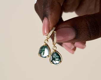 Diamond Moss Agate Earrings, Huggie Hoop Earring with Natural Green Moss Agates