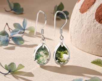 Pear Moss Agate Earrings: Sterling Silver Gemstone Dangle Jewelry
