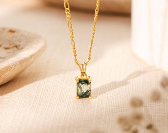 14K Solid Gold Emerald Cut Moss Agate Necklace, Natural Gemstone Pendant