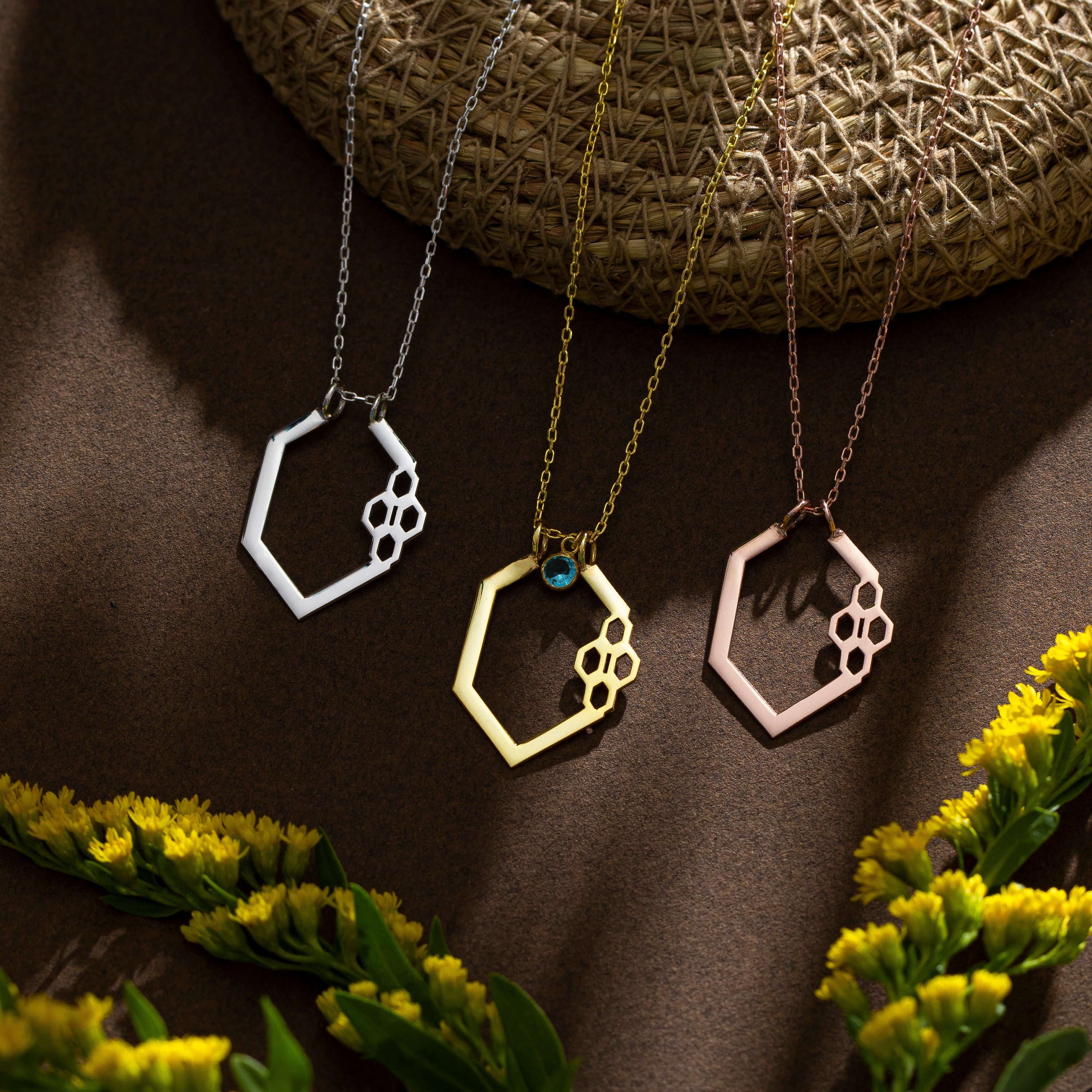 Sterling Silver Honeycomb Ring Holder Necklace with Birthstone
