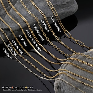 May include: A close-up of ten different gold chain styles, labelled with names such as "Parperclip", "Fiagro", and "Thick Gourmet". The chains are arranged in a staggered pattern on a grey, textured surface.