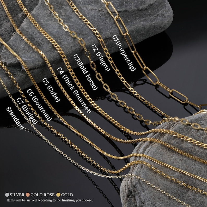 May include: A close-up of ten different gold chain styles, labelled with names such as "Parperclip", "Fiagro", and "Thick Gourmet". The chains are arranged in a staggered pattern on a grey, textured surface.
