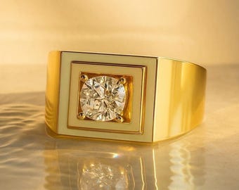 Men's Lab Grown Diamond Signet Ring, Art Deco Style Wedding Band, Engraved Pinky Ring