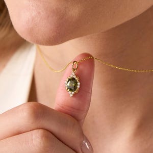 Peridot Necklace Oval with Diamonds – August Birthstone Leo Pendant for Her, Dainty Green Gem Jewelry Gift