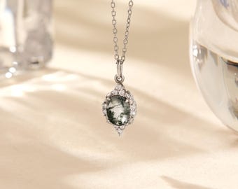 Green Moss Agate Necklace: Sterling Silver Oval Pendant