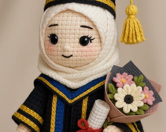 16cm Graduation Crochet Doll, Personalized Amigurumi Gift, Handmade Hijabi Keepsake, Custom Graduate Plush