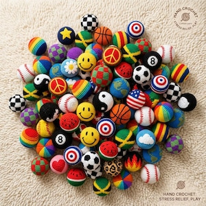 May include: A collection of colorful, hand-crocheted balls with various designs, including smiley faces, baseballs, and peace signs. The balls are in a variety of colors, including rainbow, red, and blue. The text "HAND CROCHET: STRESS RELIEF, PLAY" is visible.