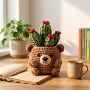May include: A brown crocheted bear-shaped planter containing four green crocheted cacti with small red flowers on top. The bear has two small ears, two black eyes, and a light beige muzzle with a stitched black nose and mouth.