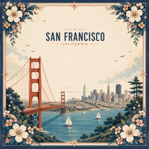 Könnte beinhalten: Ein quadratischer Kunstdruck mit der Golden Gate Bridge und der Skyline von San Francisco. Der Text lautet SAN FRANCISCO CALIFORNIA. Die Szene ist mit weißen und rosa Blüten auf cremefarbenem Hintergrund mit blauen Rändern eingerahmt.