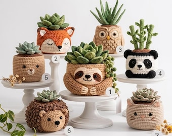 Gehaakte plantenpot in de vorm van een dier, handgemaakte plantenpot voor vetplanten, schattige bureaudecoratie met bosmotief, gezellig cadeau voor plantenliefhebbers