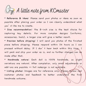 May include: A light pink informational graphic titled A little note from KCmaster with a megaphone icon and a butterfly outline. The text provides instructions regarding order references, size recommendations, shipping previews, and handmade nature.