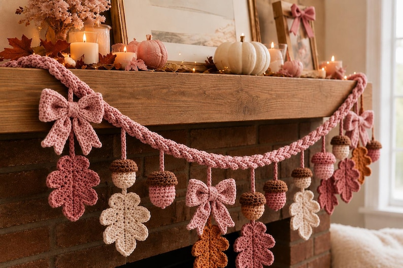 May include: A decorative garland featuring crocheted elements in shades of pink, cream, and brown. The garland consists of a braided pink cord adorned with hanging crocheted bows, oak leaves, and acorns, creating a textured, seasonal display.