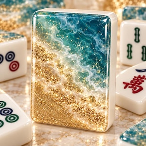 May include: A rectangular mahjong tile featuring a glossy resin surface with a decorative ocean wave design. The tile displays a gradient of deep teal and white swirling water patterns meeting a textured layer of shimmering gold glitter sand.
