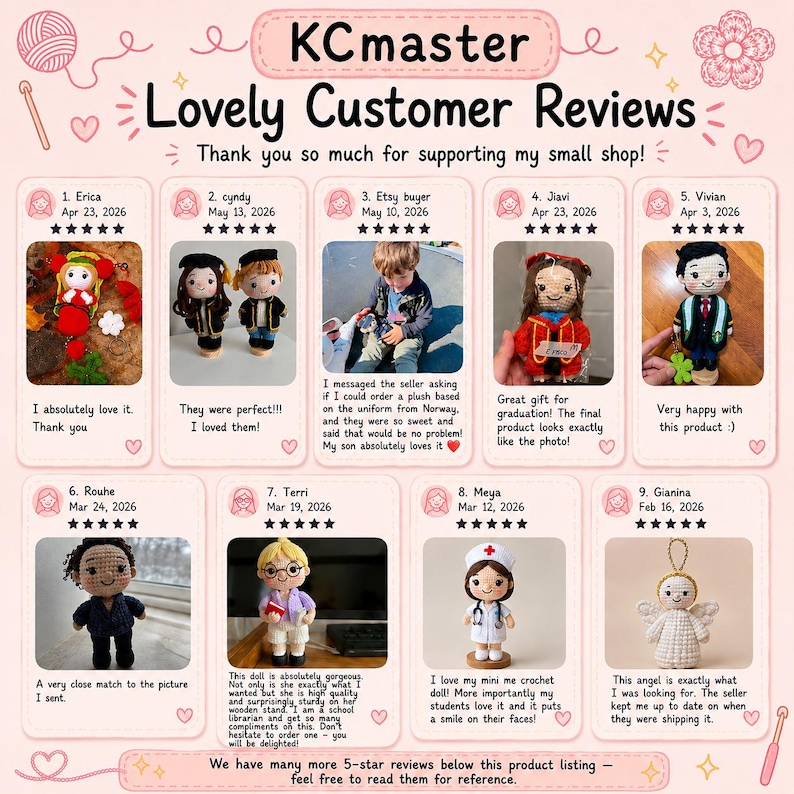 May include: A digital graphic titled KCmaster Lovely Customer Reviews featuring nine individual customer testimonials with five-star ratings. Each section displays a photograph of a custom crocheted doll and a written review from a customer.